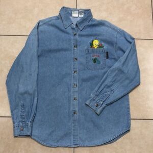 Looney Tunes Tweety Bird Denim Button Up Shirt 2000, Size M